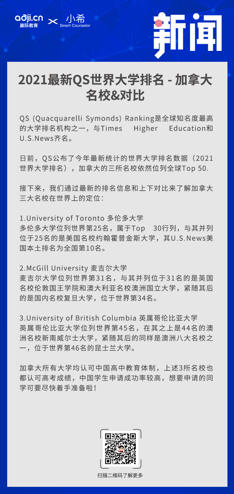 2021最新QS世界大学排名 - 加拿大名校&对比